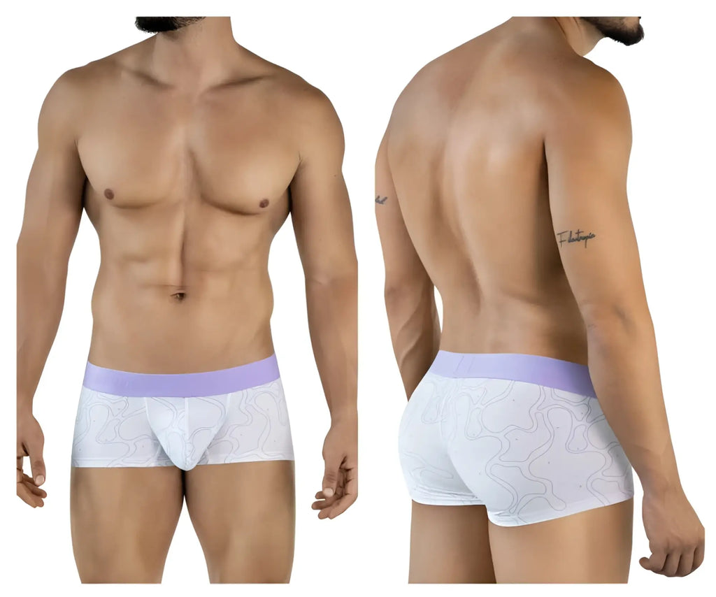 White boxer briefs with lavender waistband and subtle gray abstract lines from clever 2056 maze trunks color lilac