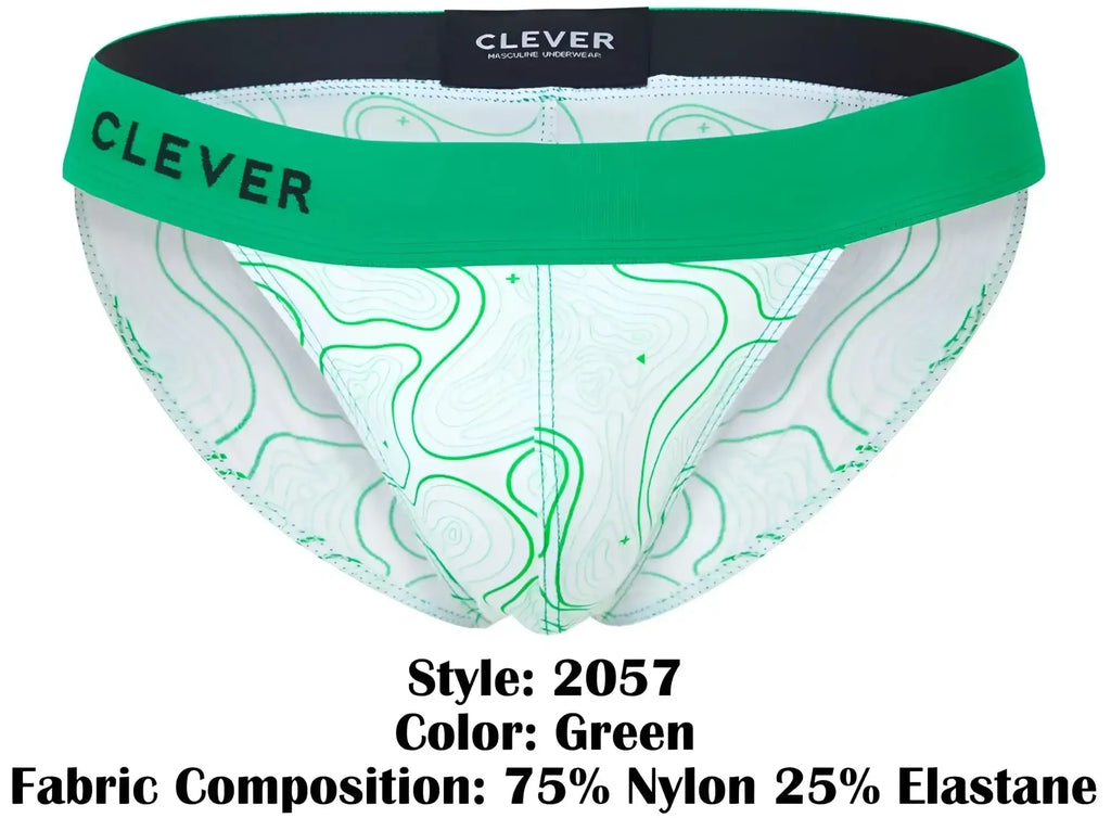 Green and white patterned men’s briefs with bold green clever waistband from clever 2057 maze bikini collection