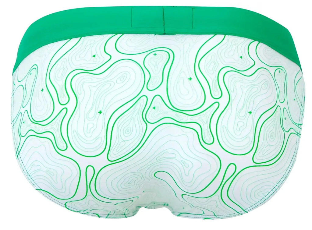 White briefs with green topographic map pattern and solid green waistband clever 2057 maze bikini color green