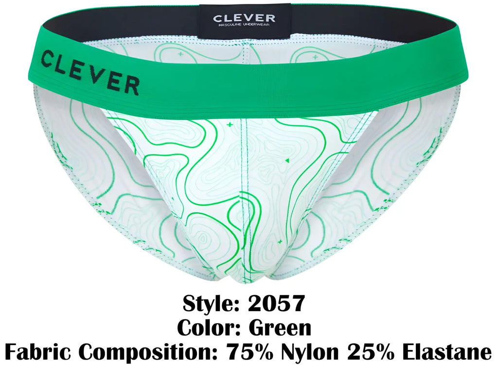 Green and white patterned men’s briefs with bold green clever waistband from clever 2057 maze bikini collection