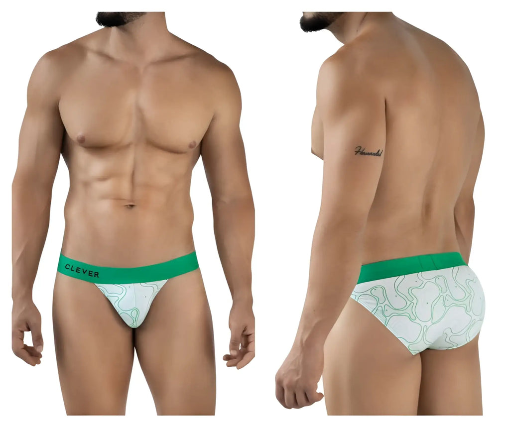 Green and white patterned clever 2057 maze bikini briefs with bold green waistband for men