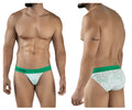 Green and white patterned clever 2057 maze bikini briefs with bold green waistband for men
