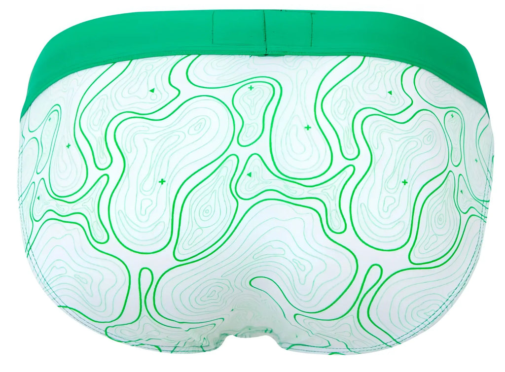 White briefs with green topographic map pattern and solid green waistband clever 2057 maze bikini color green
