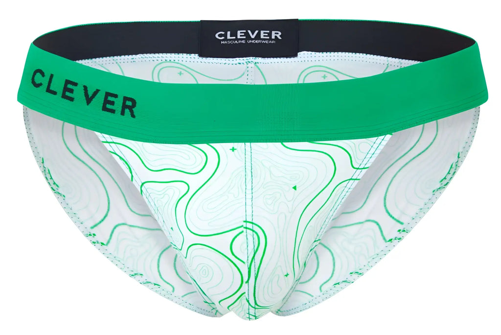 Green and white topographic patterned bikini underwear with bold green clever waistband from clever 2057 maze collection