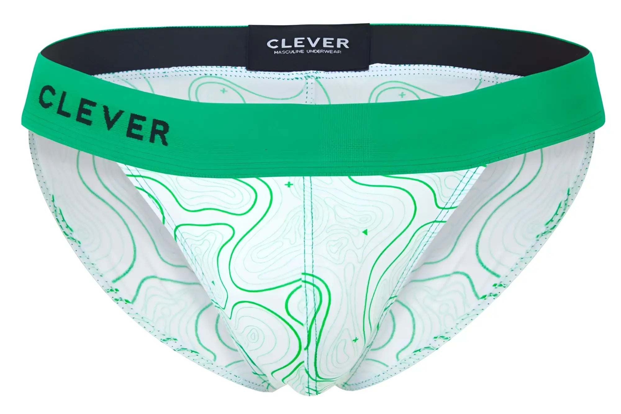 Green and white topographic patterned bikini underwear with bold green clever waistband from clever 2057 maze collection