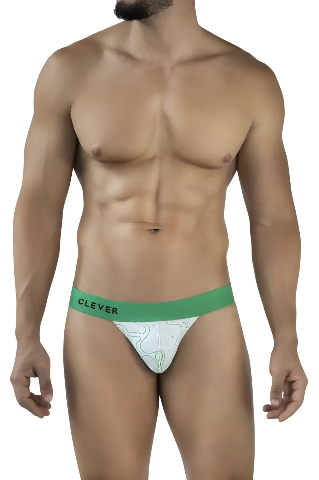 White briefs with a green waistband featuring clever branding and an abstract line pattern in clever 2057 maze bikini color green