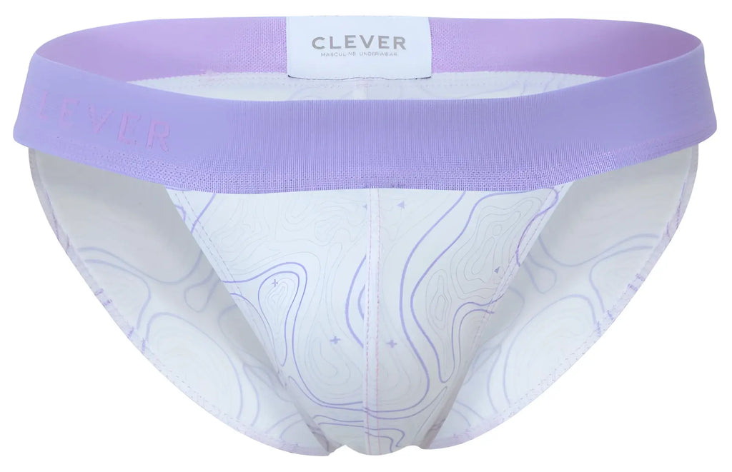 Purple and white patterned clever 2057 maze bikini underwear with lavender elastic waistband and abstract line designs
