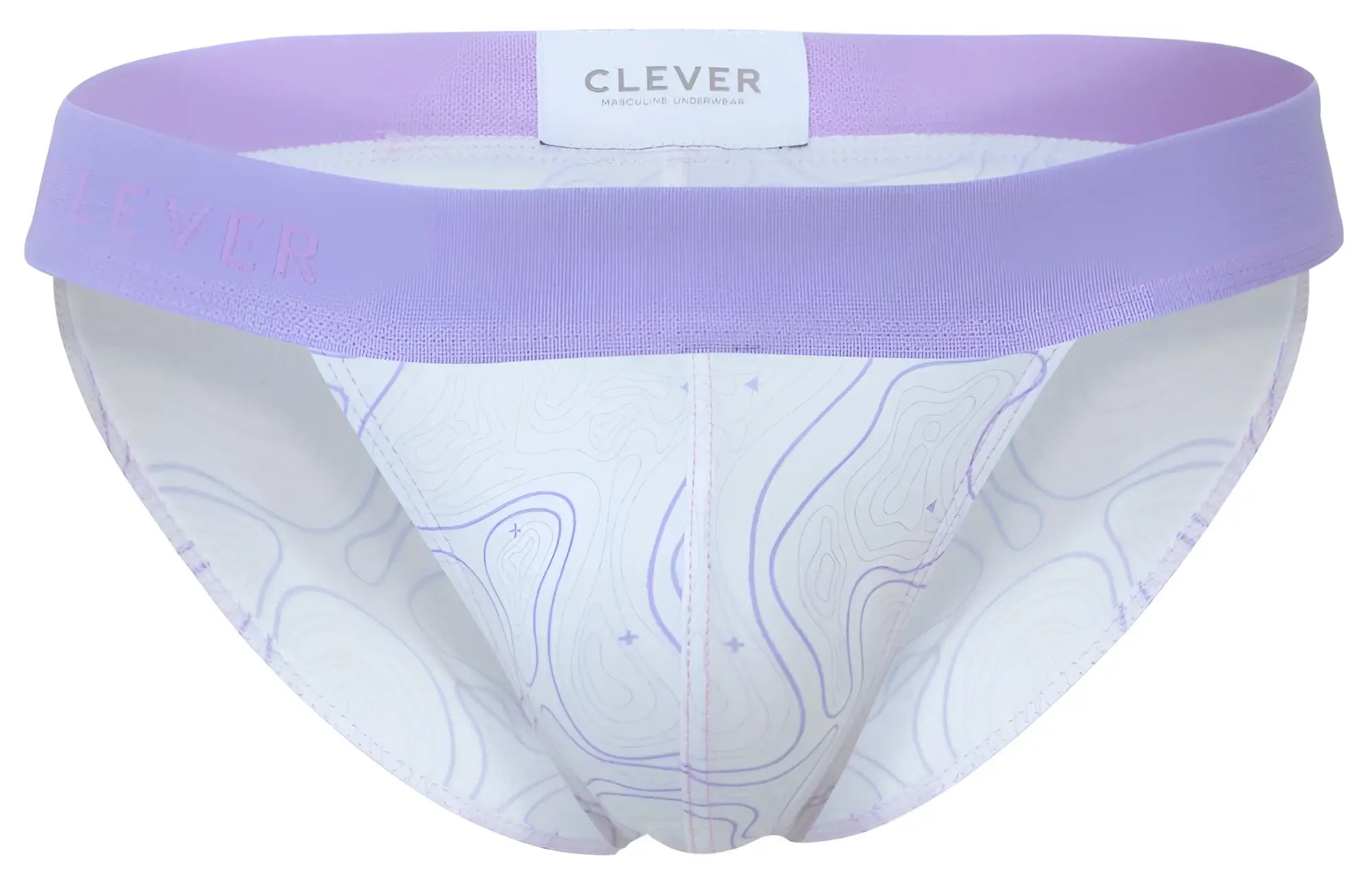Purple and white patterned clever 2057 maze bikini underwear with lavender elastic waistband and abstract line designs
