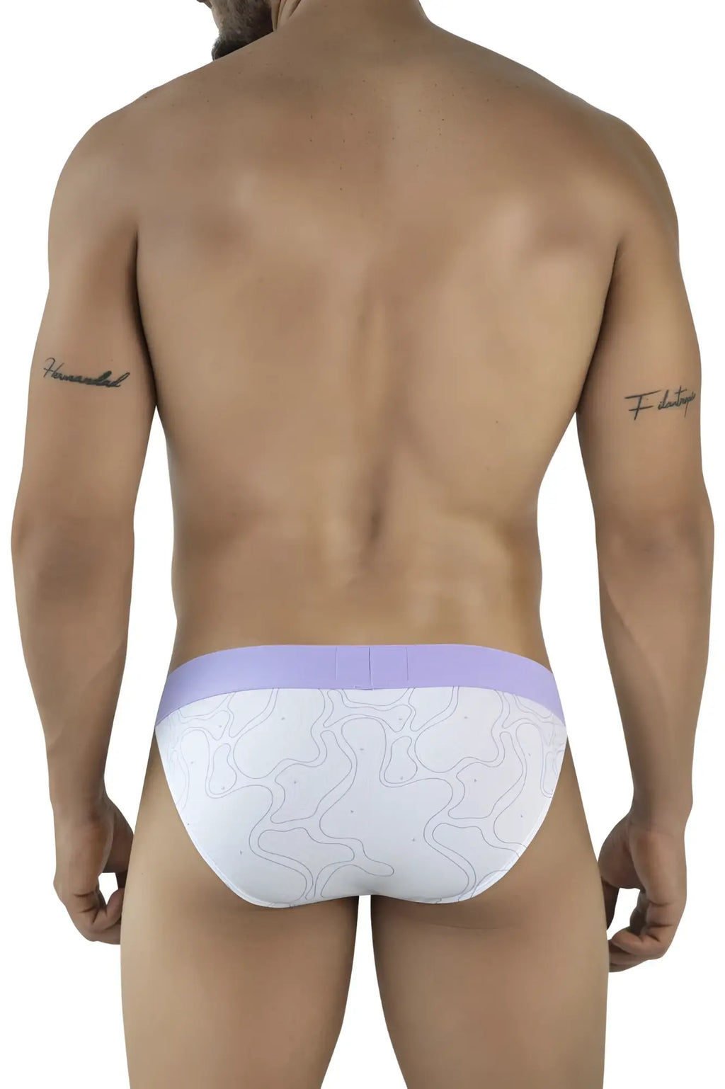 White briefs with lavender waistband and subtle gray abstract line pattern from clever 2057 maze bikini color lilac