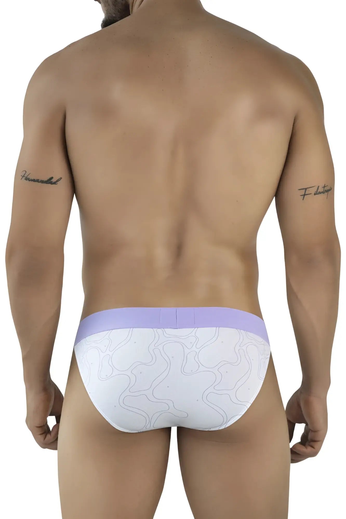 White briefs with lavender waistband and subtle gray abstract line pattern from clever 2057 maze bikini color lilac