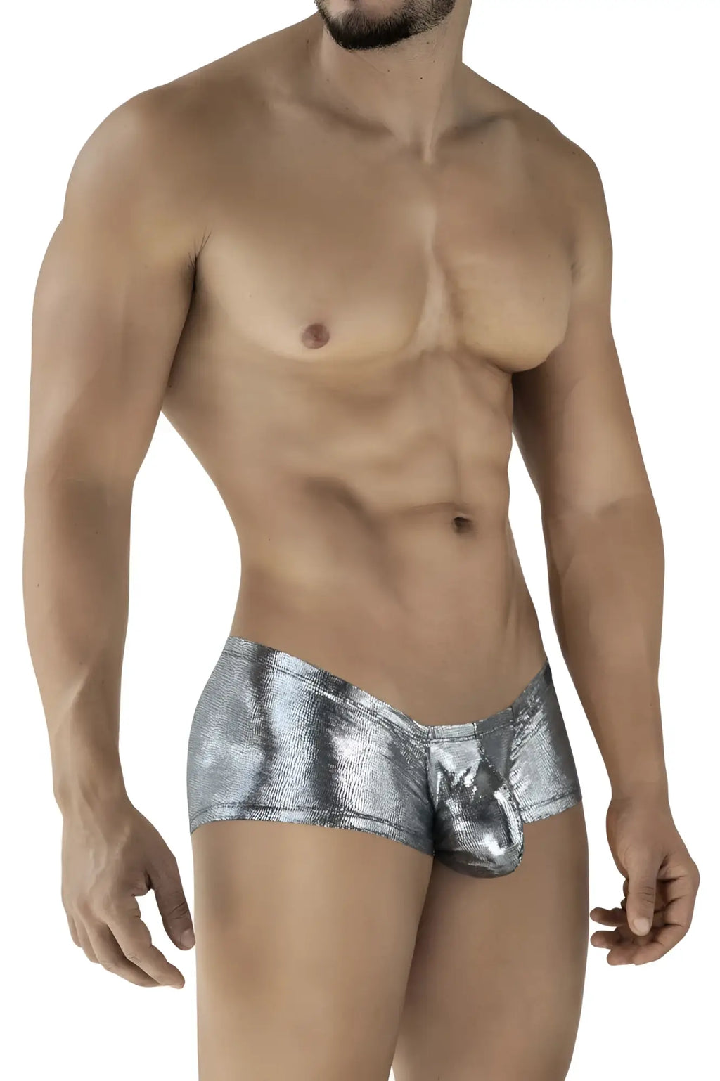 Shiny silver metallic clever 2058 sparkles trunks with a textured reflective surface in color black