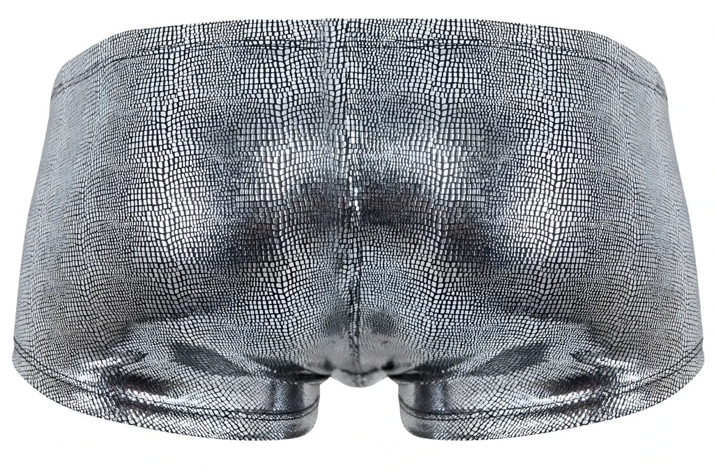 Silver metallic briefs with textured crocodile skin pattern from clever 2058 sparkles trunks in black color