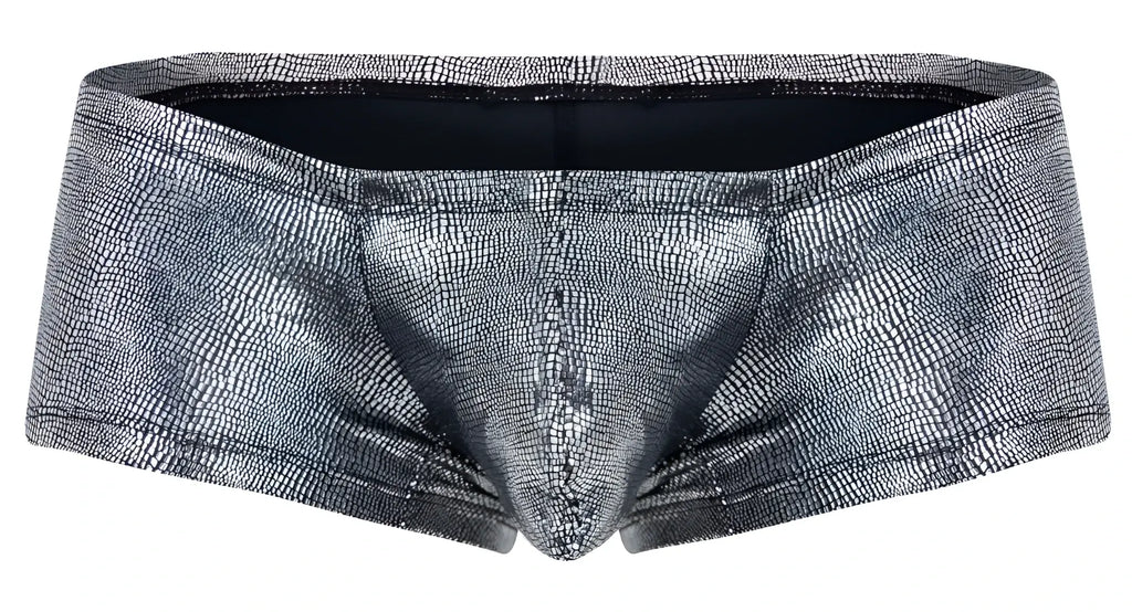 Silver metallic briefs with textured crocodile skin pattern in black color from Clever 2058 Sparkles trunks collection