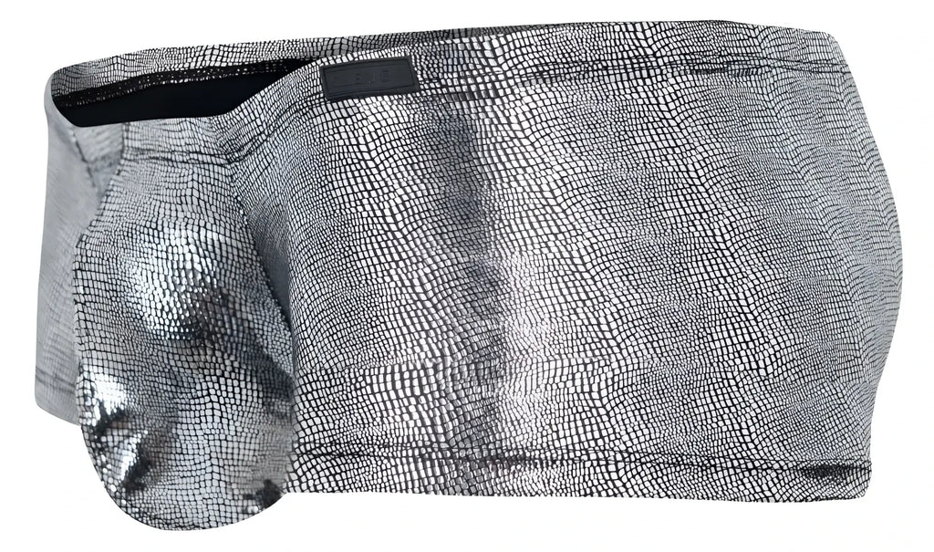 Silver metallic briefs with a reptile-scale texture from clever 2058 sparkles trunks in black color