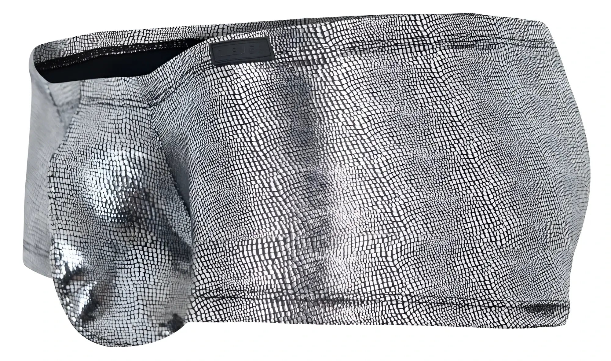 Silver metallic briefs with a reptile-scale texture from clever 2058 sparkles trunks in black color