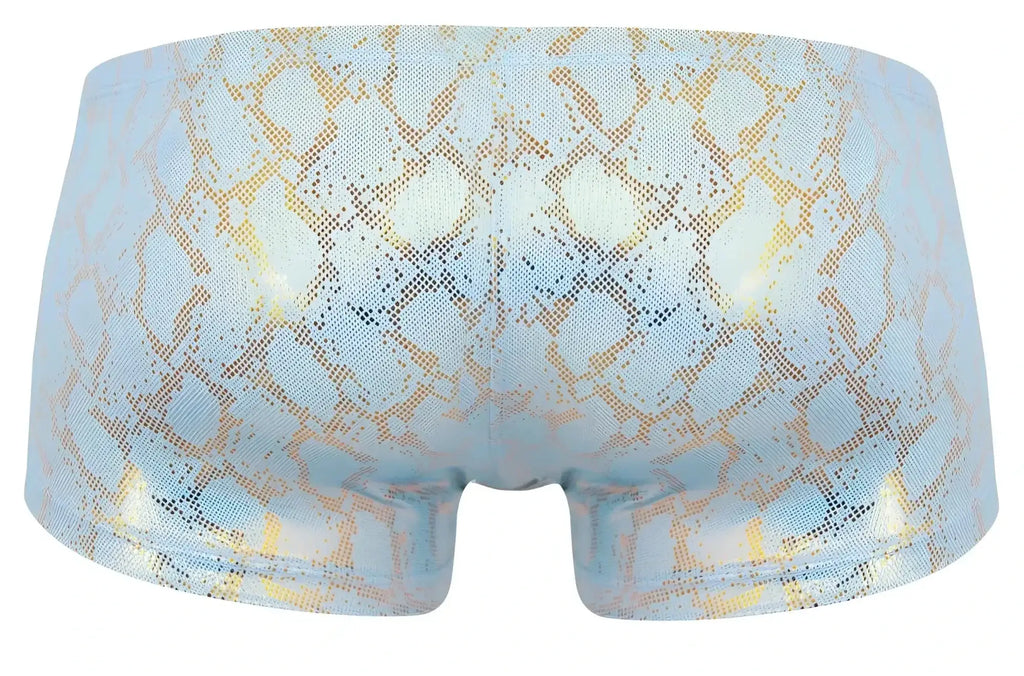 Light blue iridescent Clever 2061 diamond trunks boxer briefs with shimmering gold snake-scale pattern