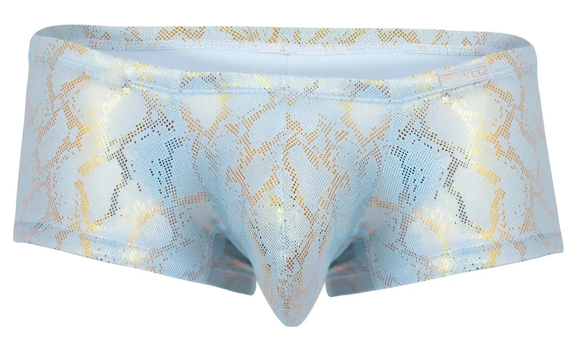 Light blue and gold snakeskin patterned clever 2061 diamond trunks men’s briefs with shiny textured fabric