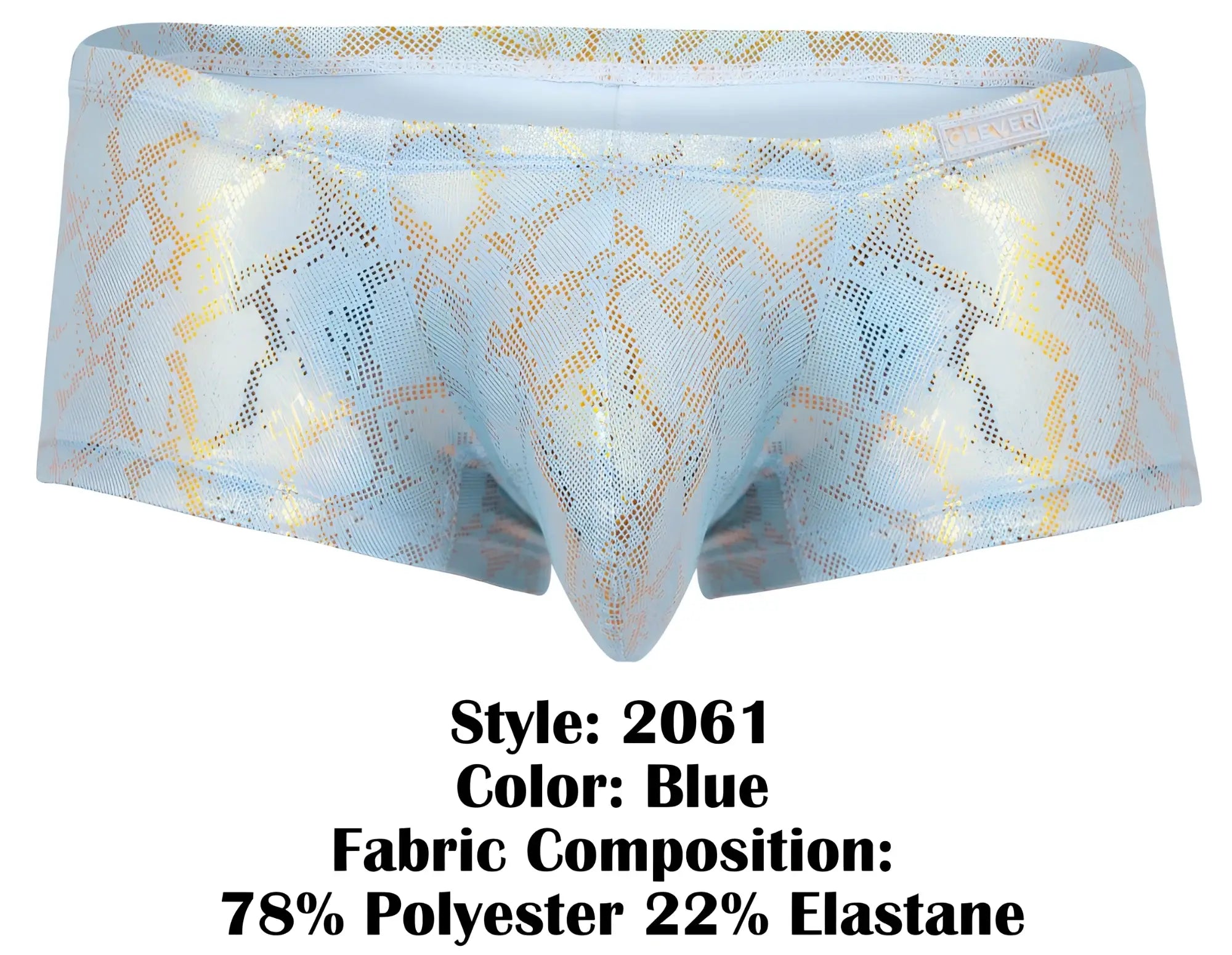 Light blue men’s briefs with shimmering gold snake print pattern clever 2061 diamond trunks color blue