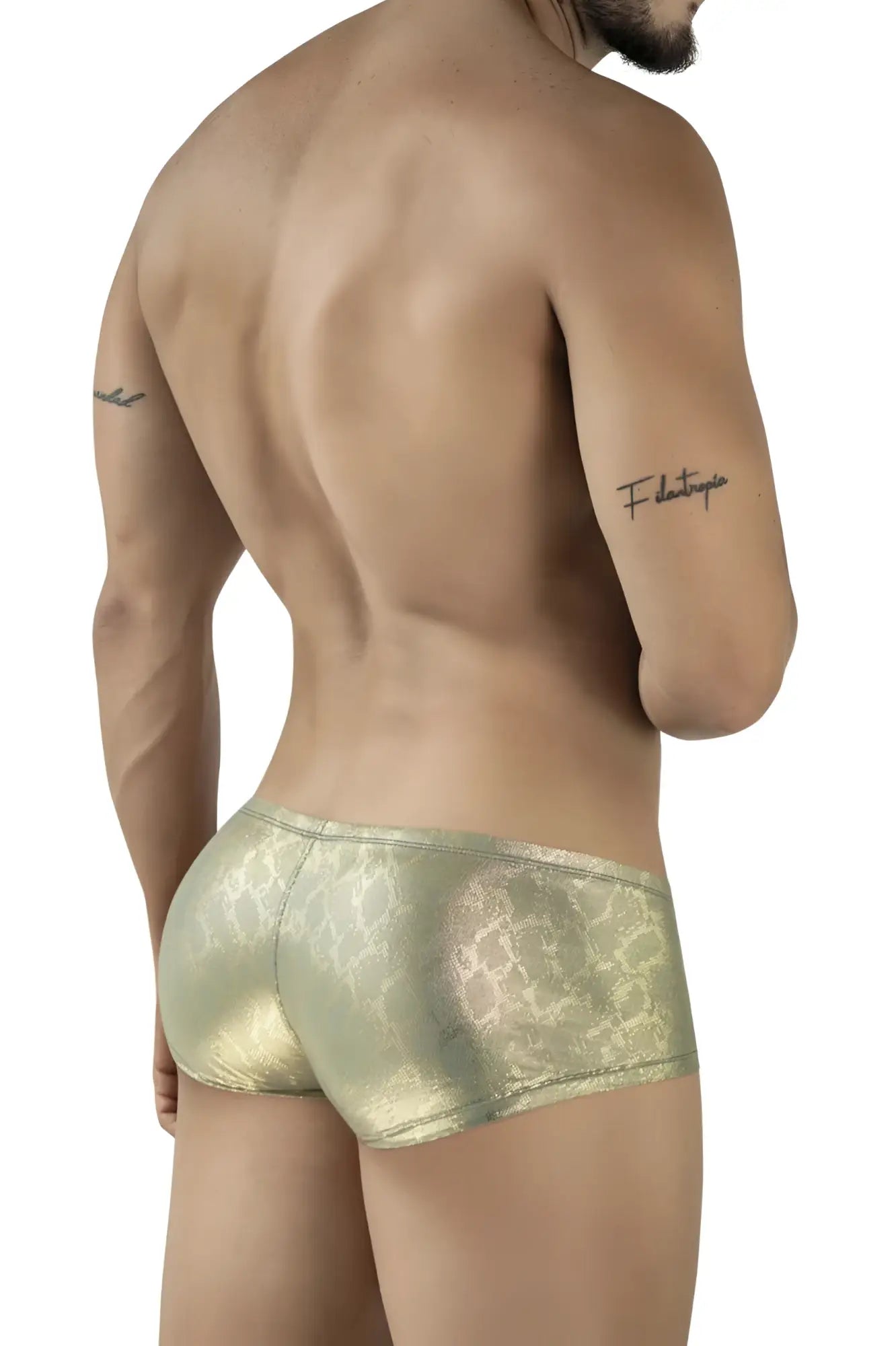 Gold metallic clever 2061 diamond trunks briefs with a subtle snakeskin pattern in front view