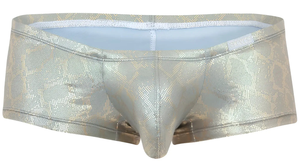 Clever 2061 diamond trunks color gold men’s briefs with shiny metallic silver snake-scale pattern and light blue lining