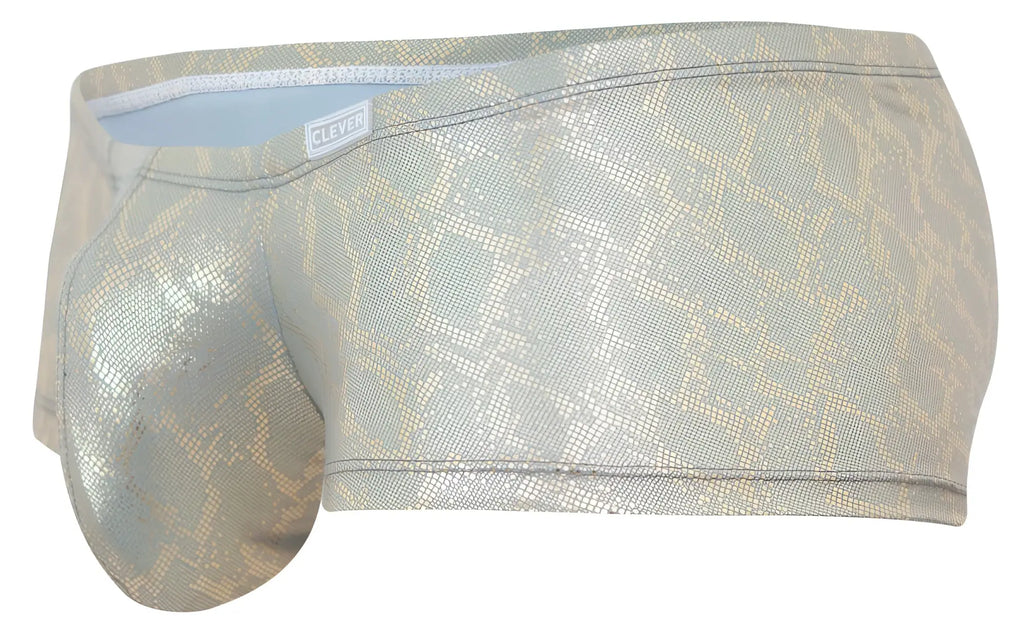 Clever 2061 diamond trunks gold metallic snake-scale patterned men’s briefs with light blue lining and clever label
