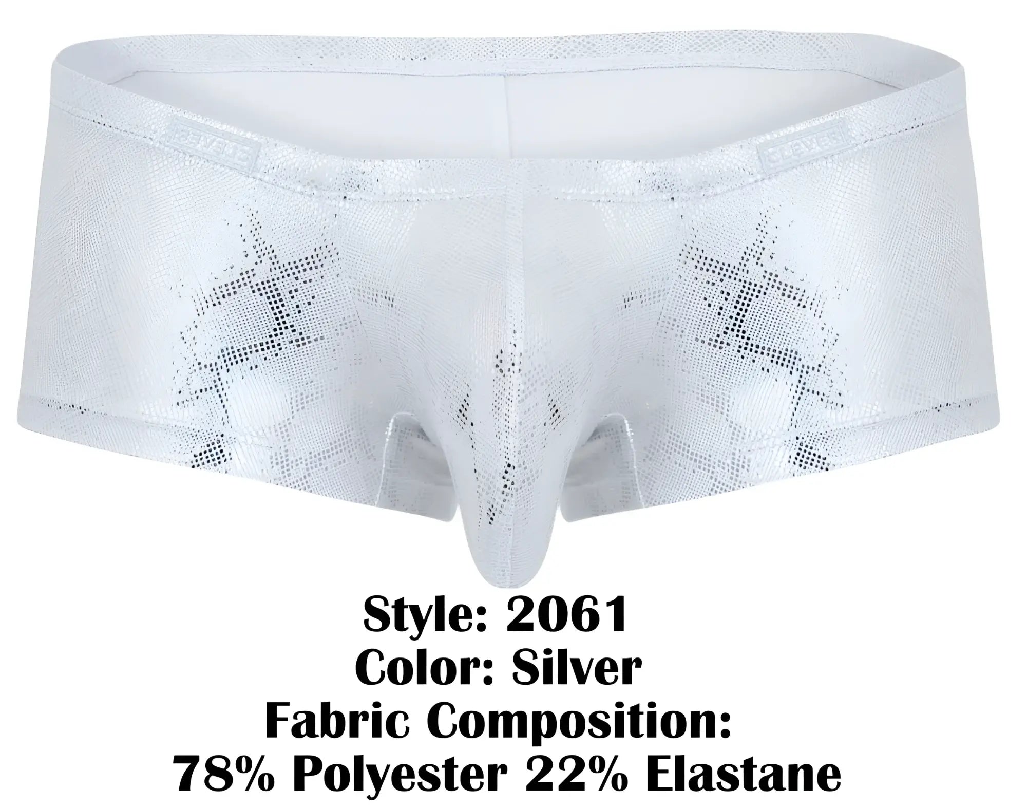 Silver clever 2061 diamond trunks metallic briefs with subtle star pattern and stretchy fabric front view