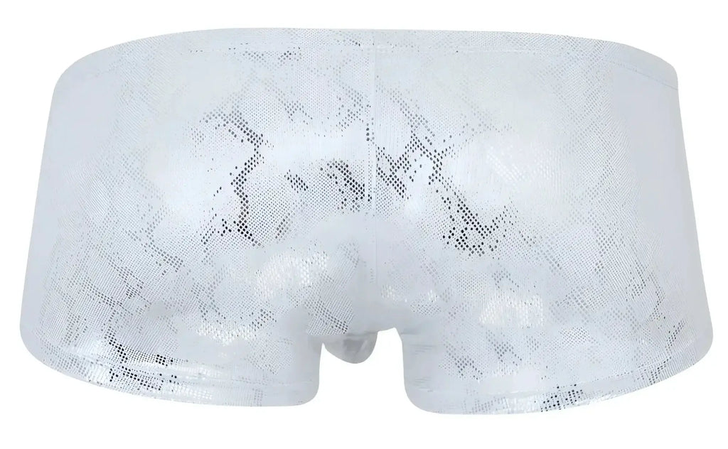 White lace-trimmed Clever 2061 diamond trunks briefs with subtle silver snake pattern in color silver