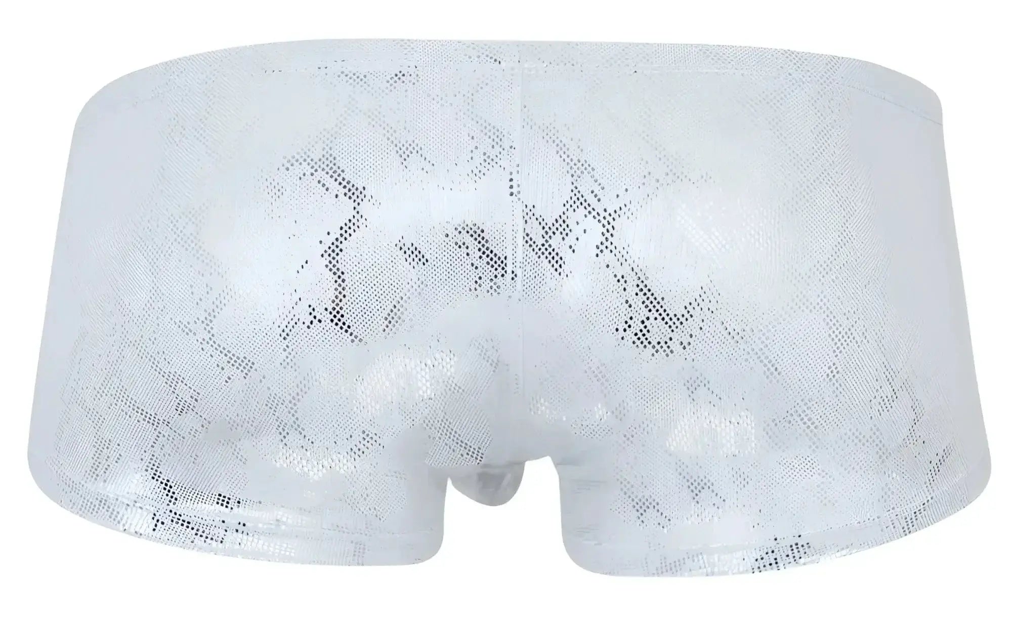 White lace-trimmed Clever 2061 diamond trunks briefs with subtle silver snake pattern in color silver