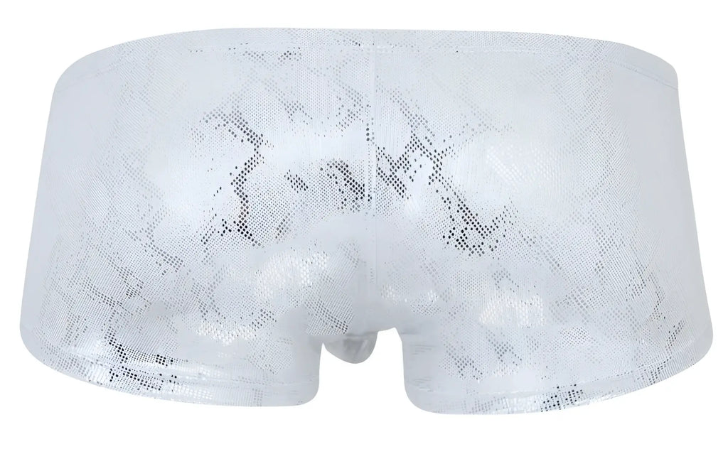 White lace-trimmed Clever 2061 diamond trunks briefs with subtle silver snake pattern in color silver