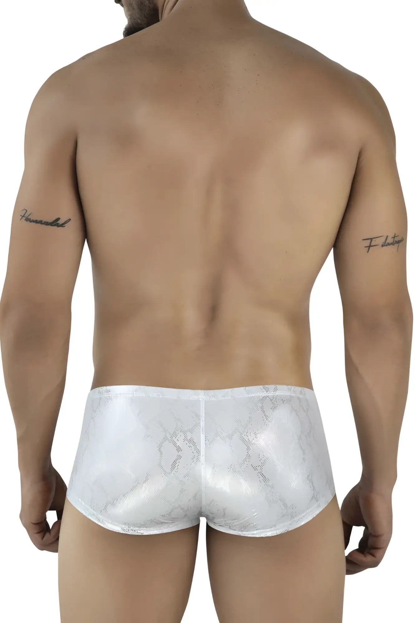 White satin briefs with a subtle glossy snake-scale pattern from clever 2061 diamond trunks in silver color