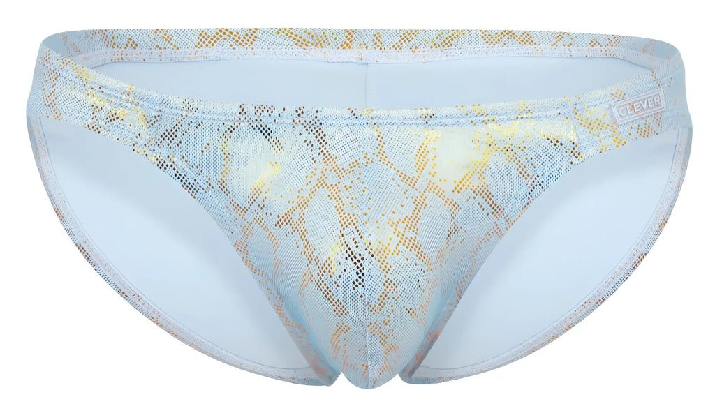 Clever 2062 diamond briefs in light blue and gold snake-print mesh fabric swim trunks