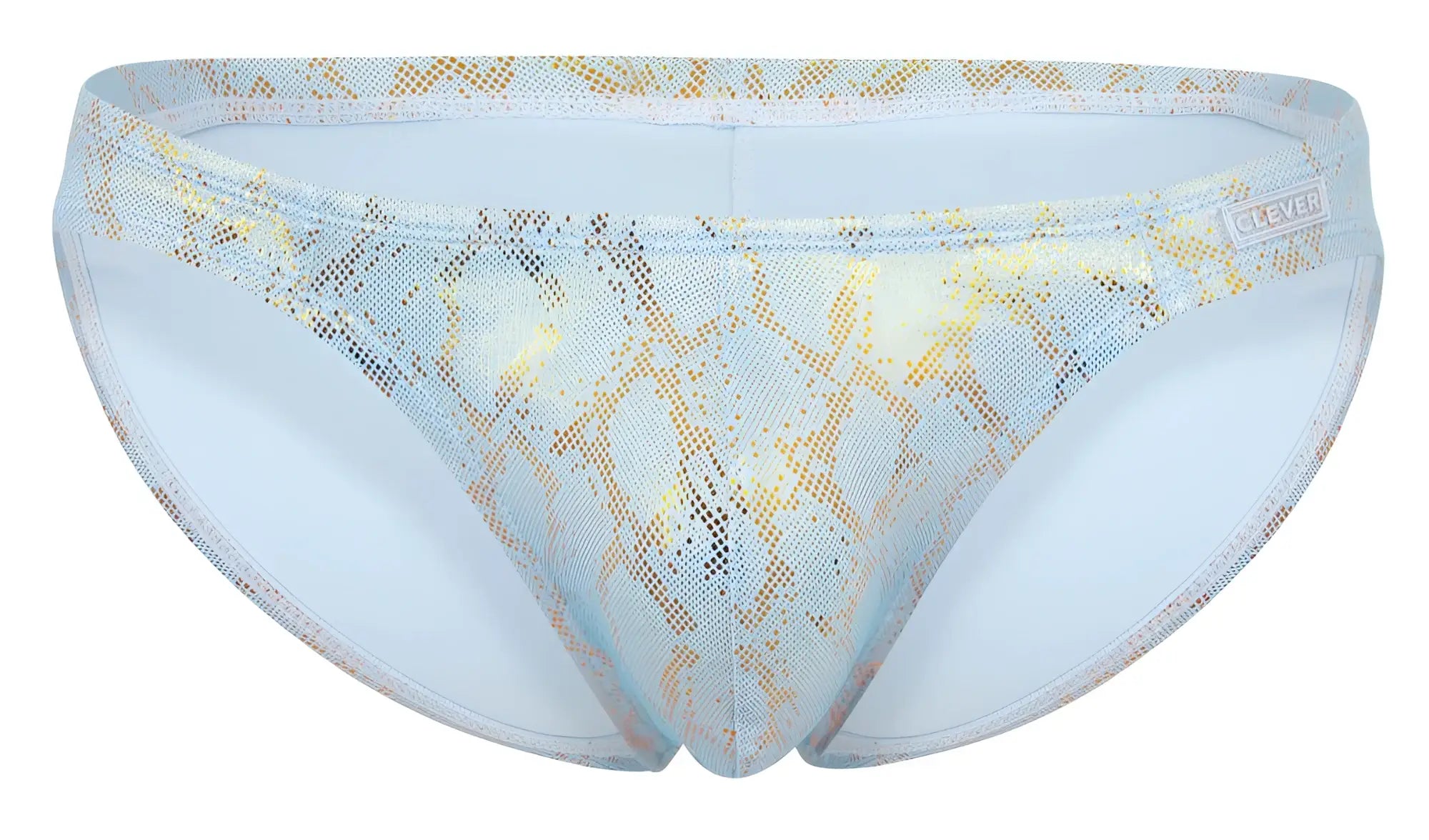 Clever 2062 diamond briefs in light blue and gold snake-print mesh fabric swim trunks