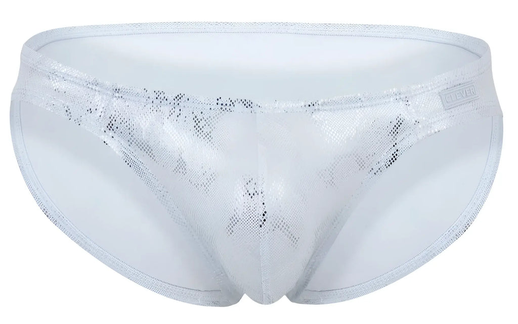 Clever 2062 diamond briefs silver swim trunks with silver sequins mesh pattern and white trim front view