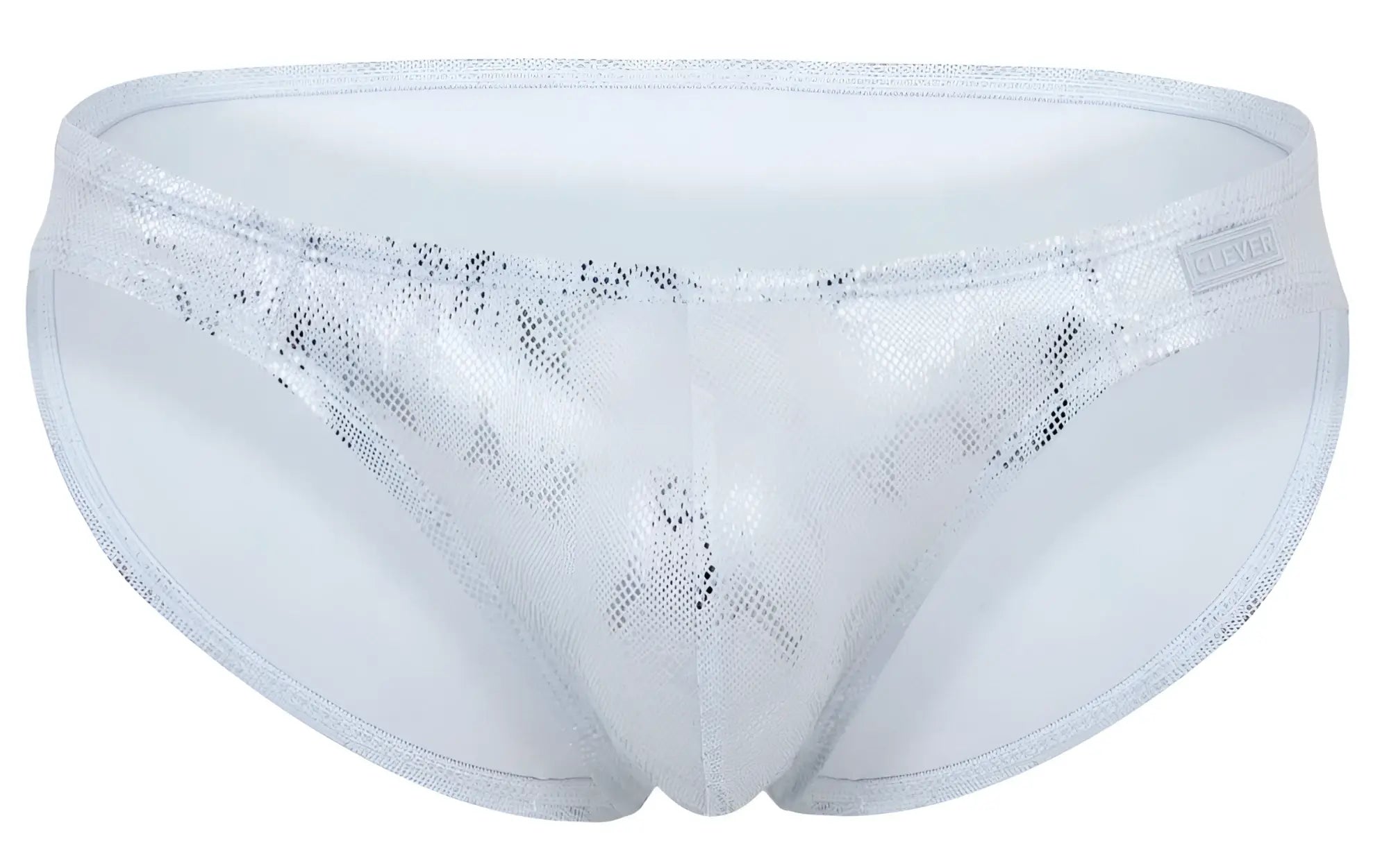Clever 2062 diamond briefs silver swim trunks with silver sequins mesh pattern and white trim front view