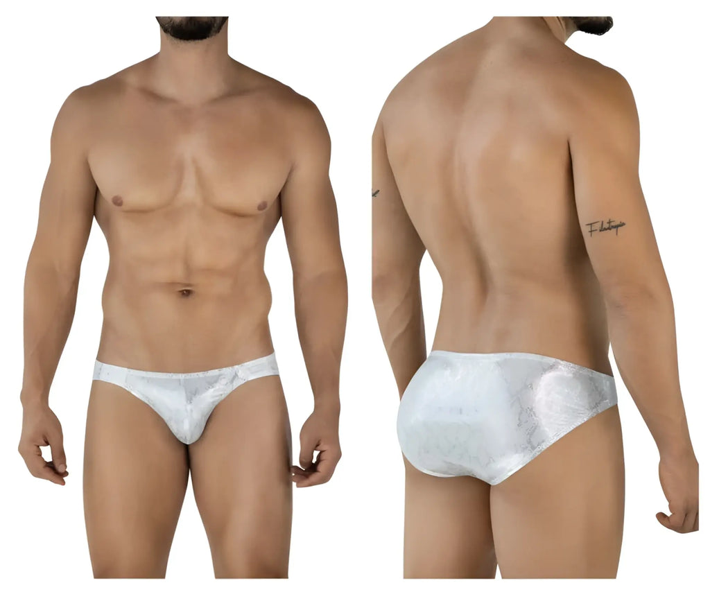 White lace-trimmed men’s clever 2062 diamond briefs in silver with a subtle shimmering pattern