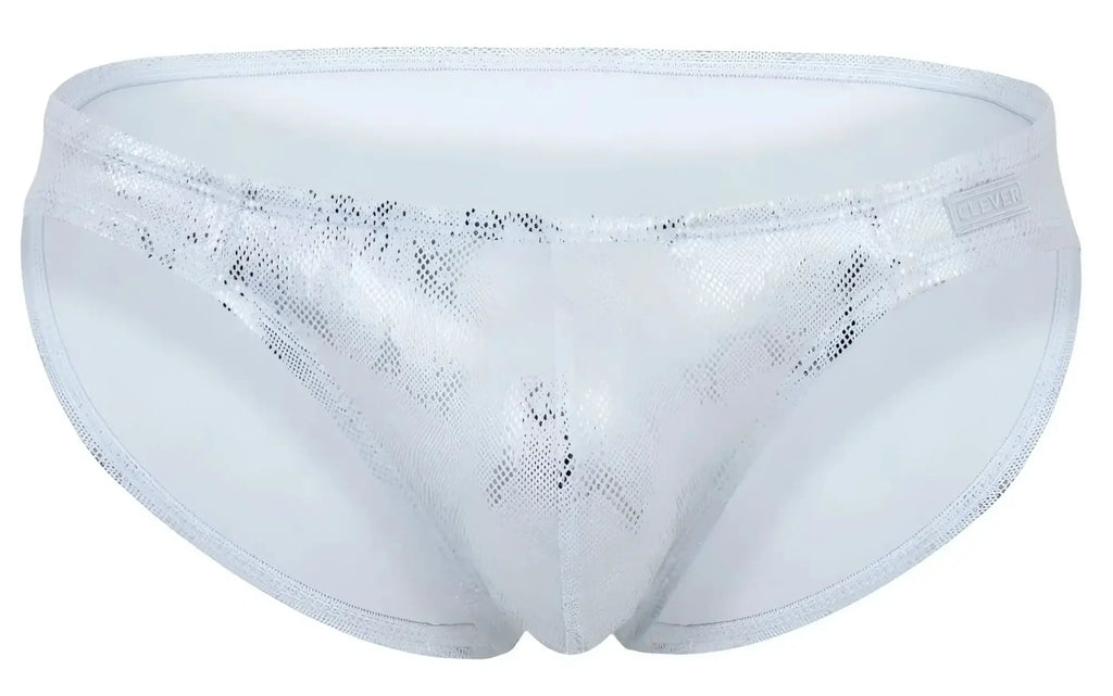 Clever 2062 diamond briefs silver swim trunks with silver sequins mesh pattern and white trim front view