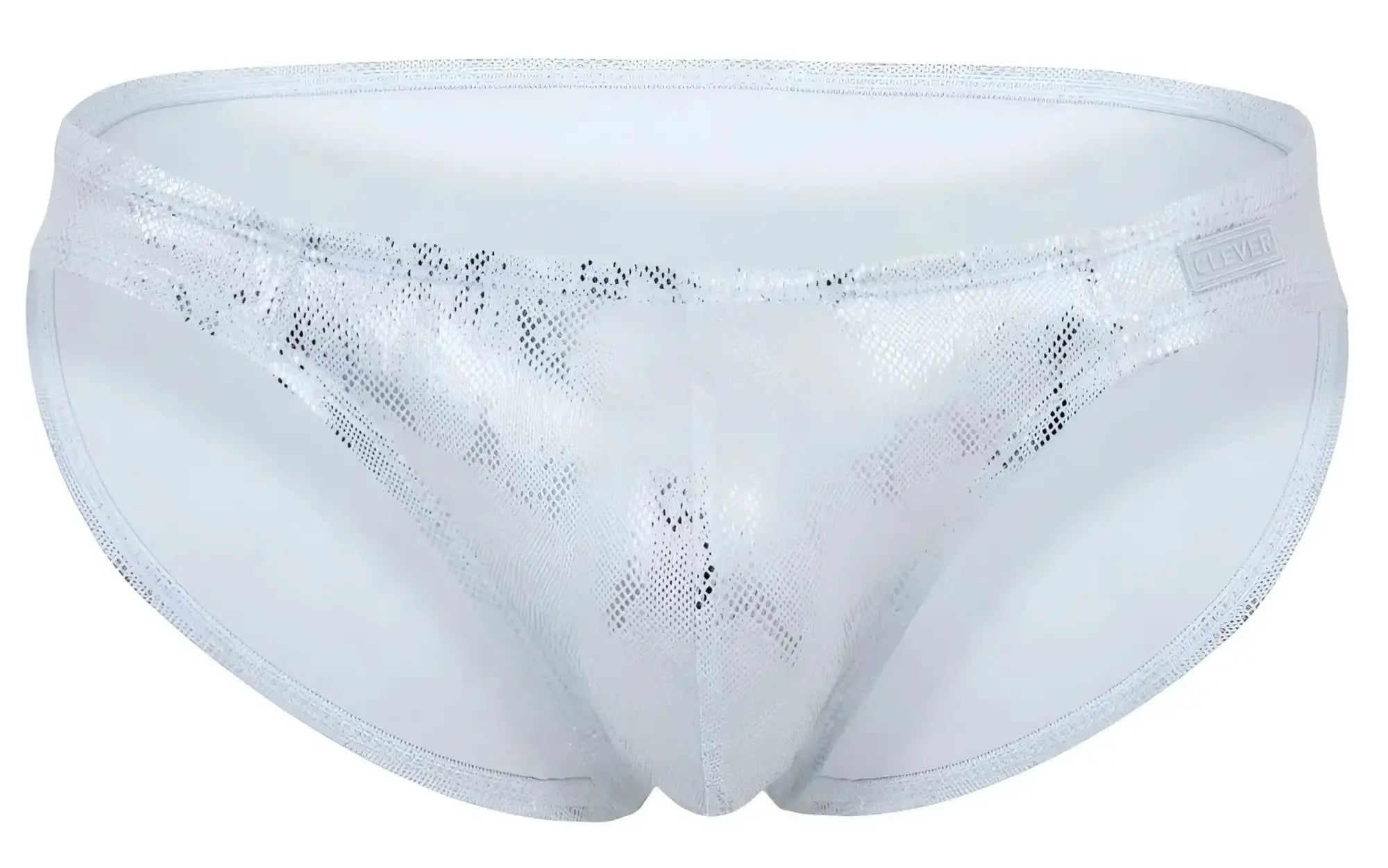 Clever 2062 diamond briefs silver swim trunks with silver sequins mesh pattern and white trim front view