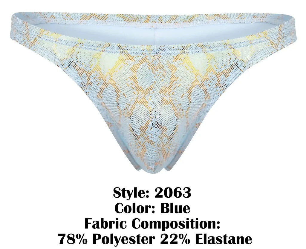 Blue clever 2063 diamond thong featuring snake-print mesh with sheer shimmering texture and delicate lace pattern