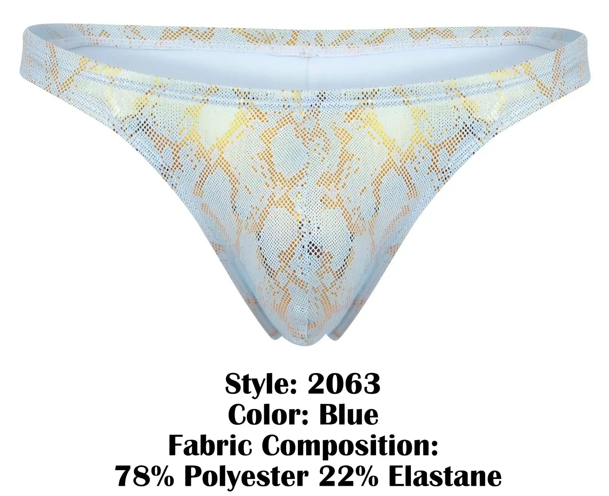 Blue clever 2063 diamond thong featuring snake-print mesh with sheer shimmering texture and delicate lace pattern