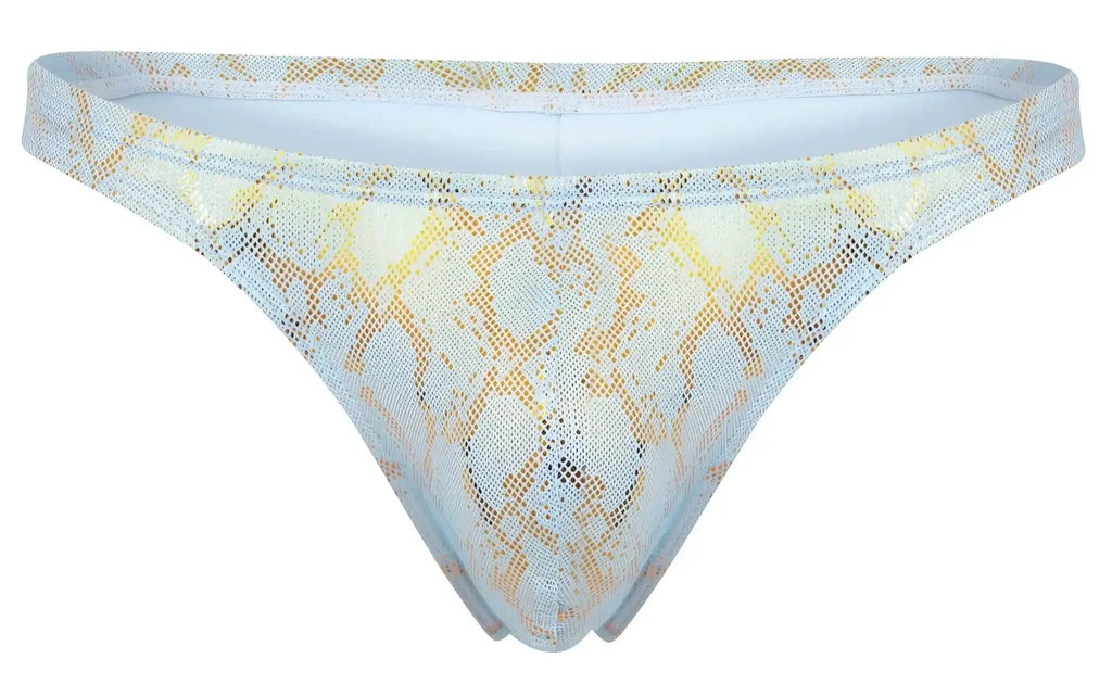 Light blue and gold snake-print mesh thong clever 2063 diamond thongs front view