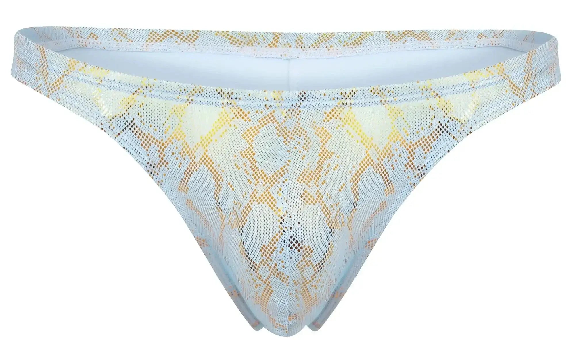 Light blue and gold snake-print mesh thong clever 2063 diamond thongs front view