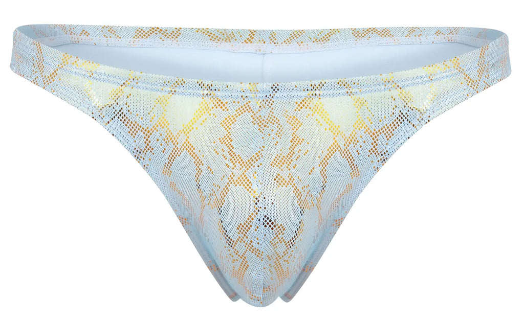 Light blue and gold snake-print mesh thong clever 2063 diamond thongs front view