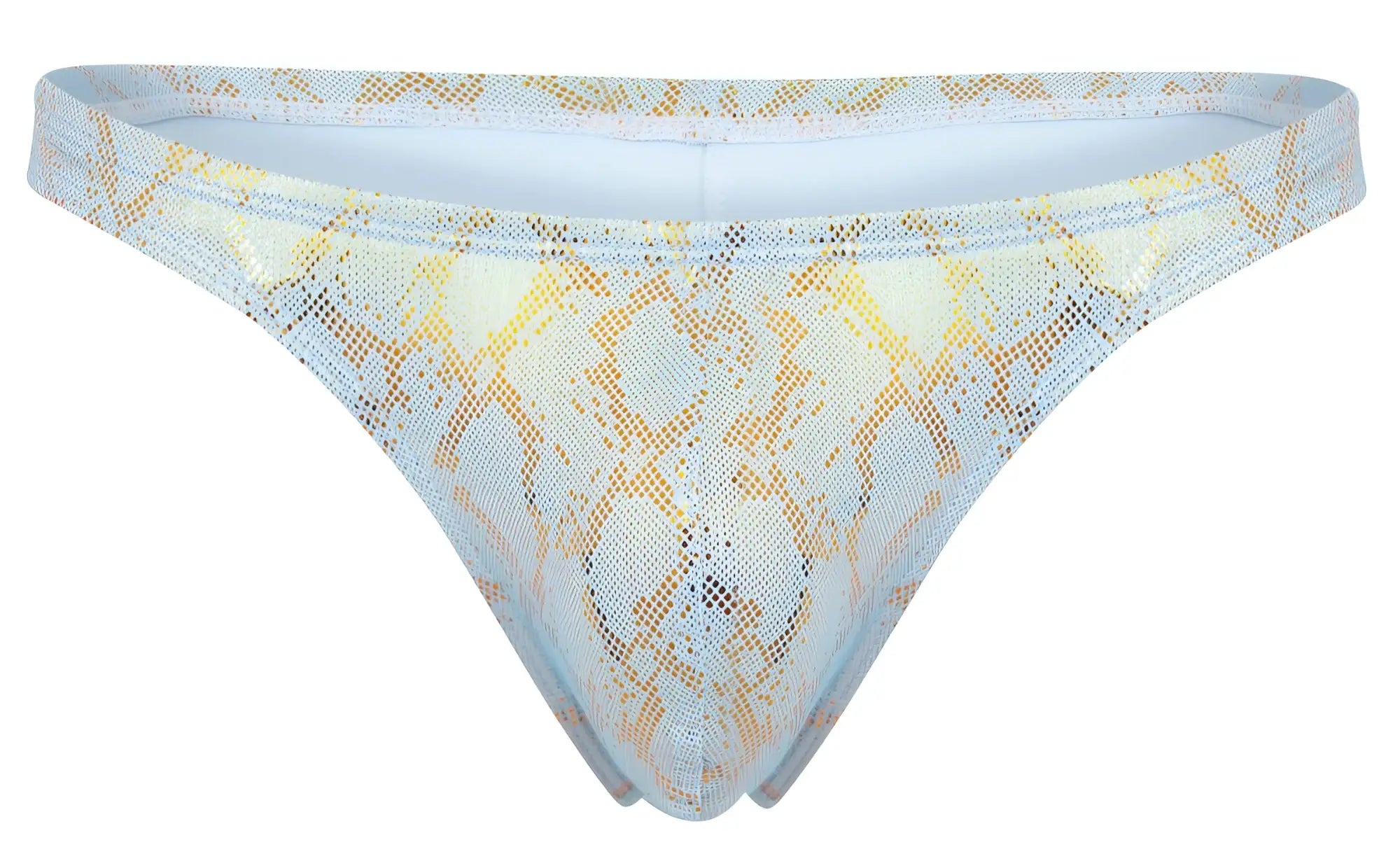 Light blue and gold snake-print mesh thong clever 2063 diamond thongs front view