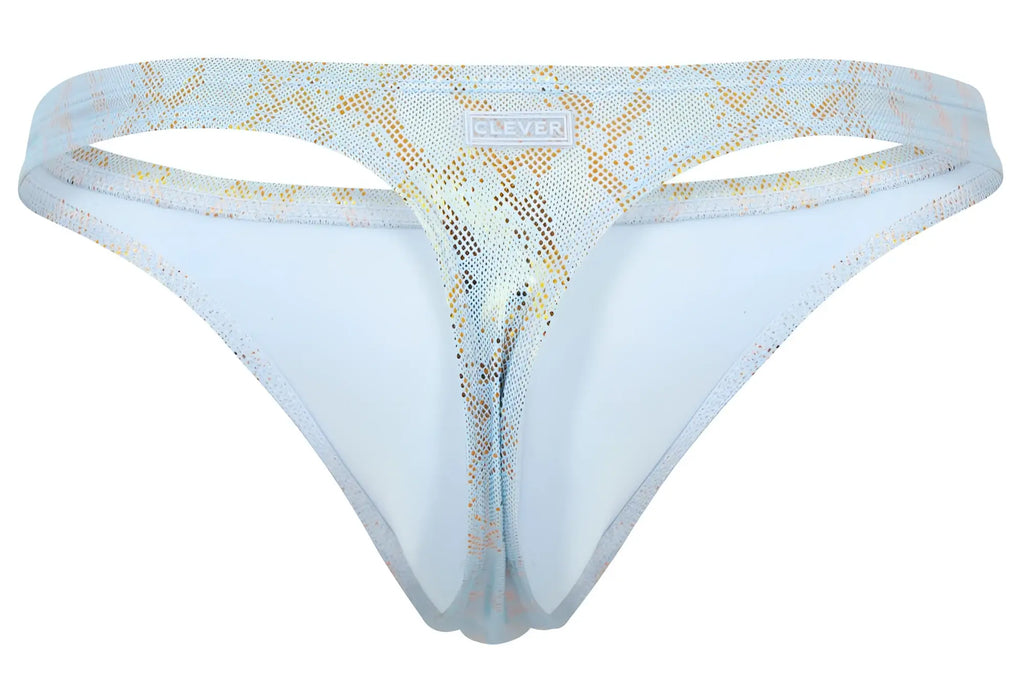 Light blue and gold snake-print thong with sheer mesh and clever brand label on waistband from clever 2063 diamond thongs