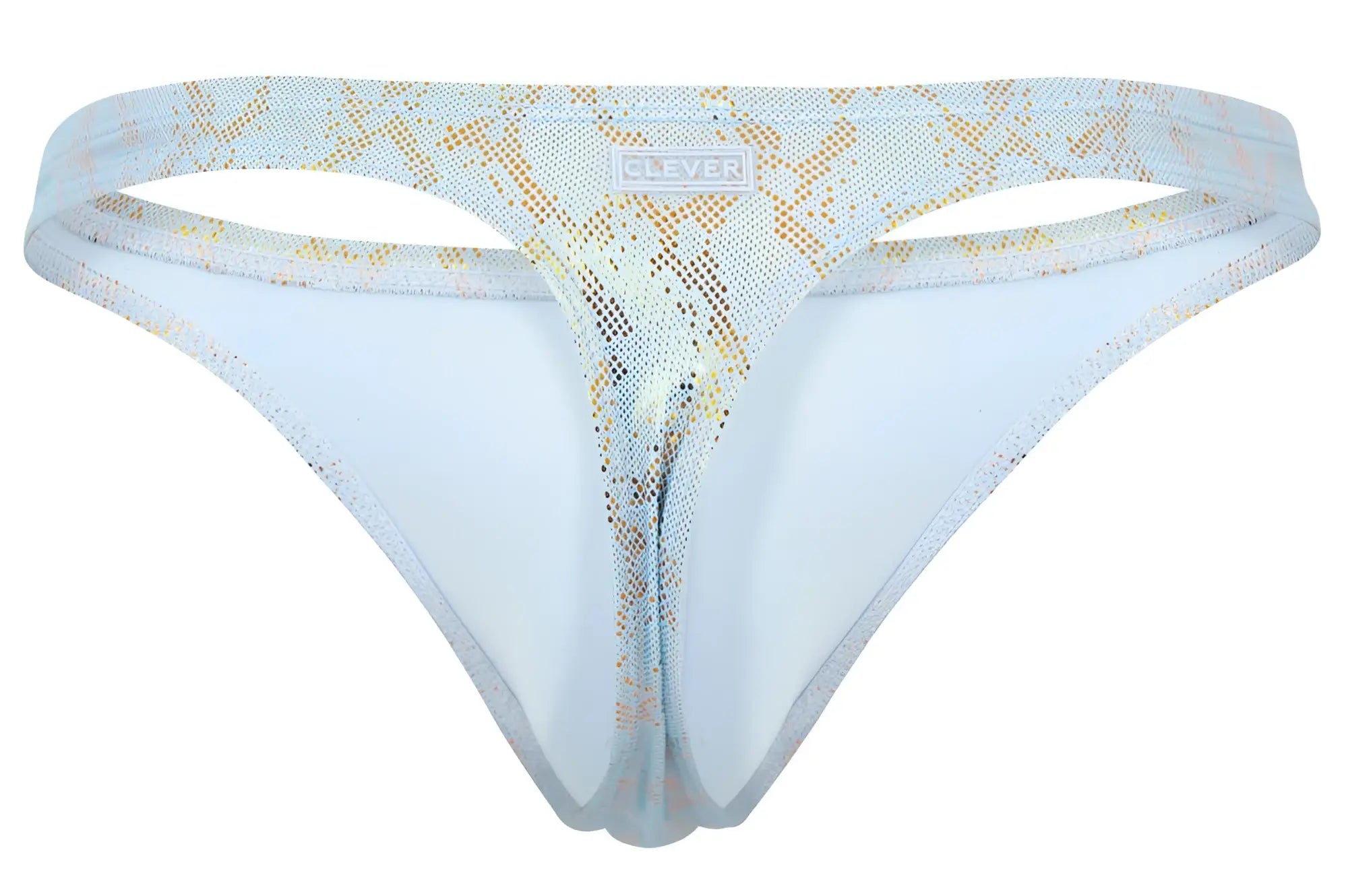 Light blue and gold snake-print thong with sheer mesh and clever brand label on waistband from clever 2063 diamond thongs
