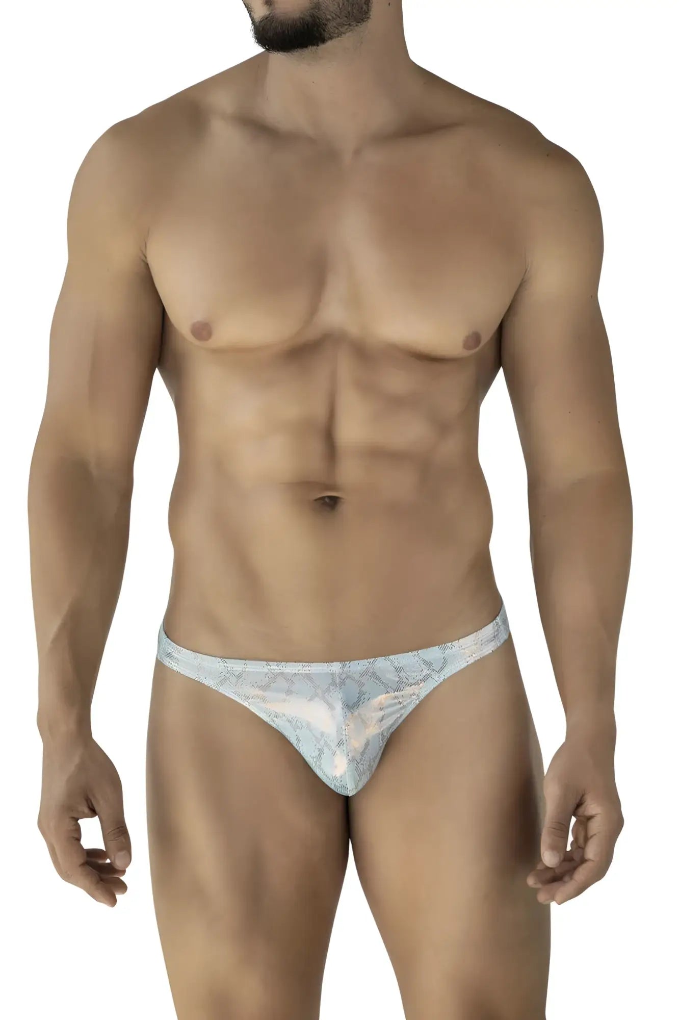 Light blue and white patterned lace thong clever 2063 diamond thongs in blue showing front view