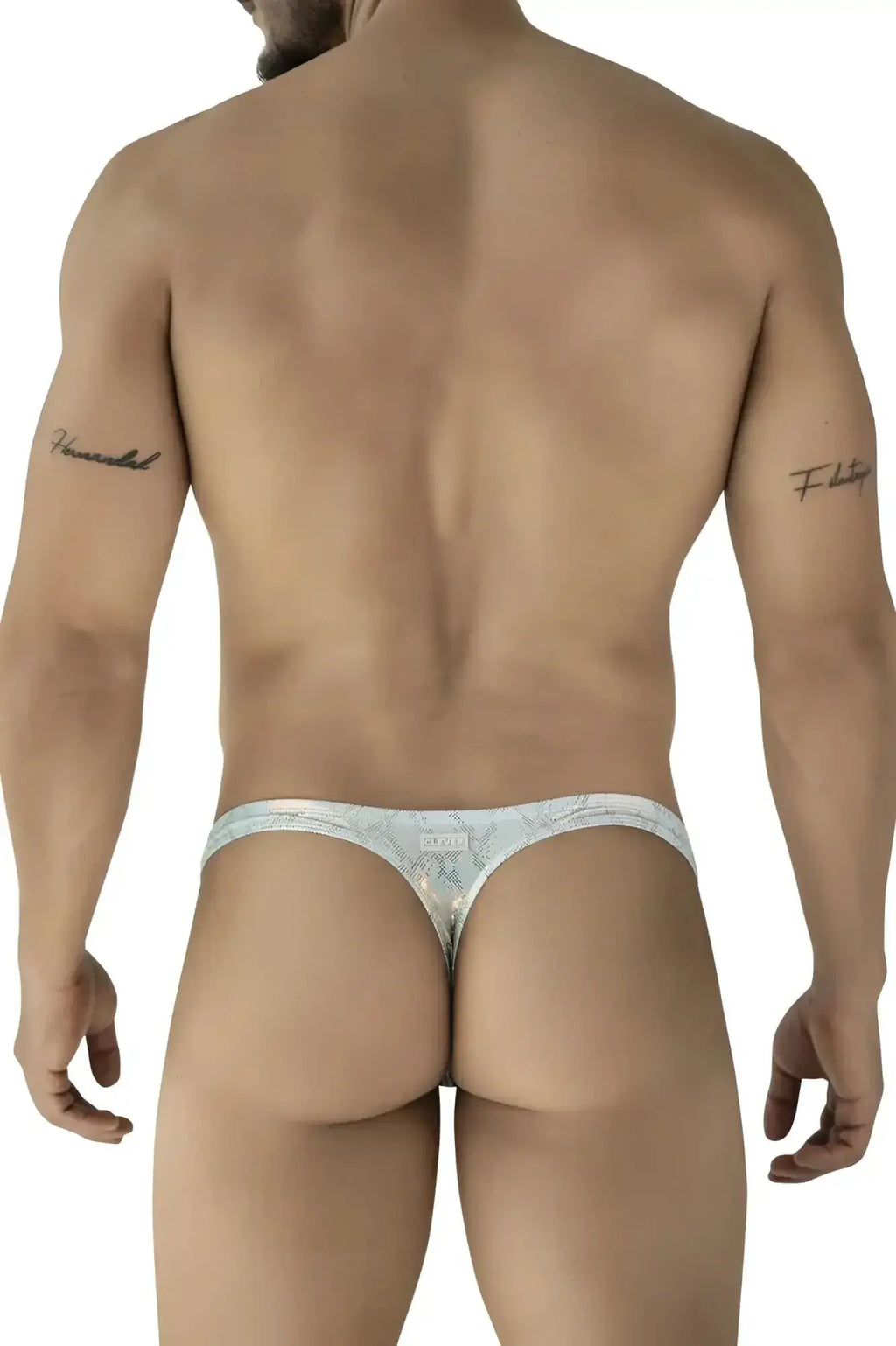 Silver and white patterned clever 2063 diamond thong in blue with subtle intricate design displayed from the back