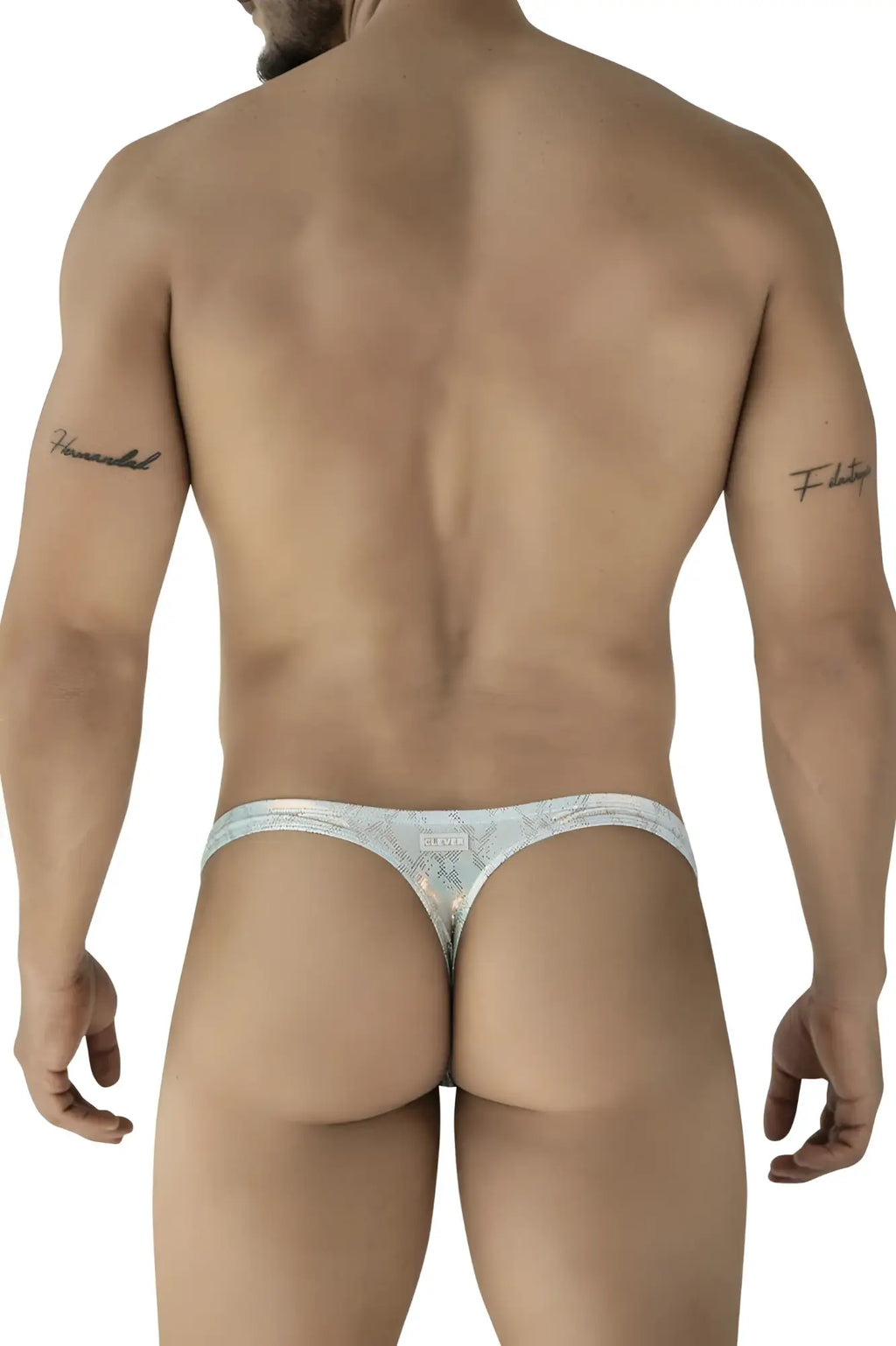 Silver and white patterned clever 2063 diamond thong in blue with subtle intricate design displayed from the back