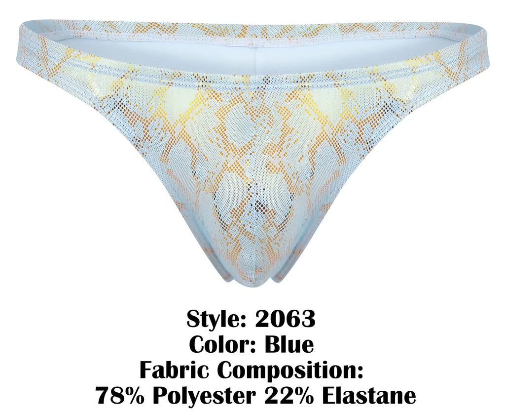 Blue clever 2063 diamond thong featuring snake-print mesh with sheer shimmering texture and delicate lace pattern