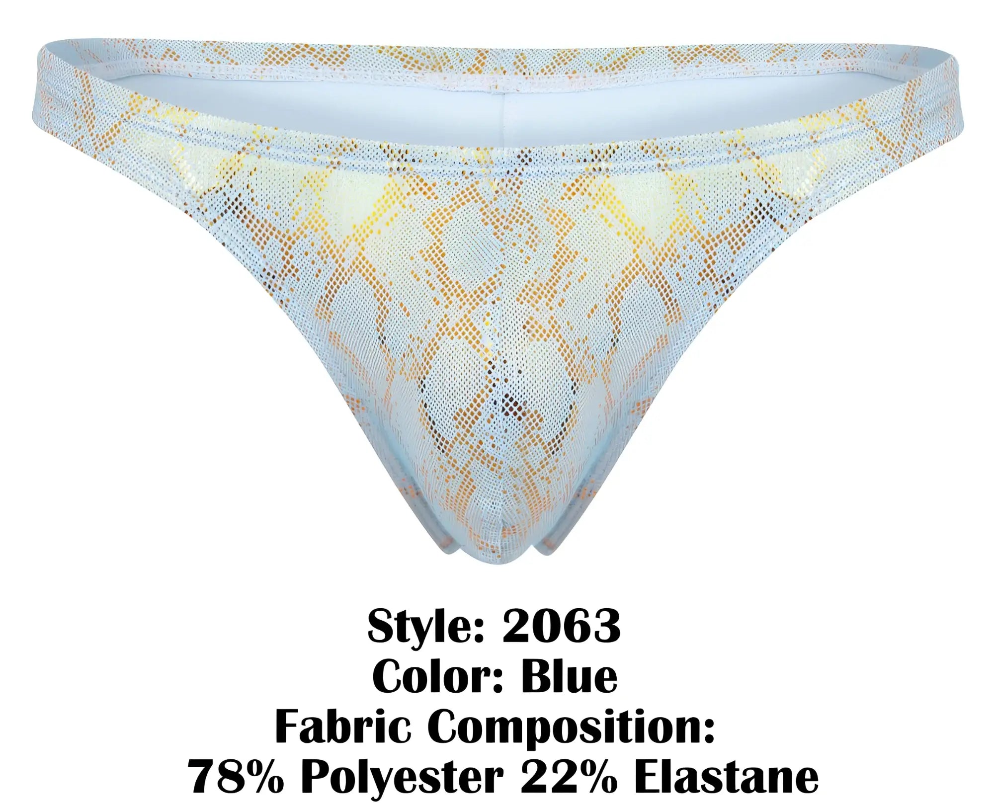Blue clever 2063 diamond thong featuring snake-print mesh with sheer shimmering texture and delicate lace pattern